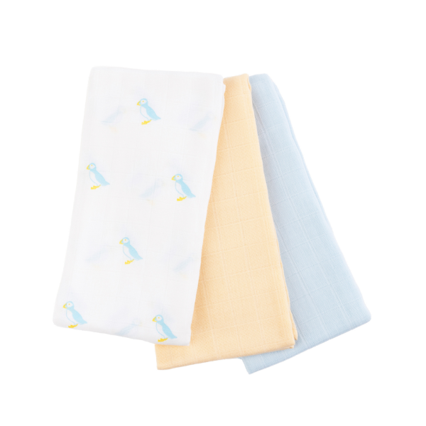 Kiki and Sebby PUFFIN 100% Cotton Muslin Swaddle Blankets – 3 pack For Sale